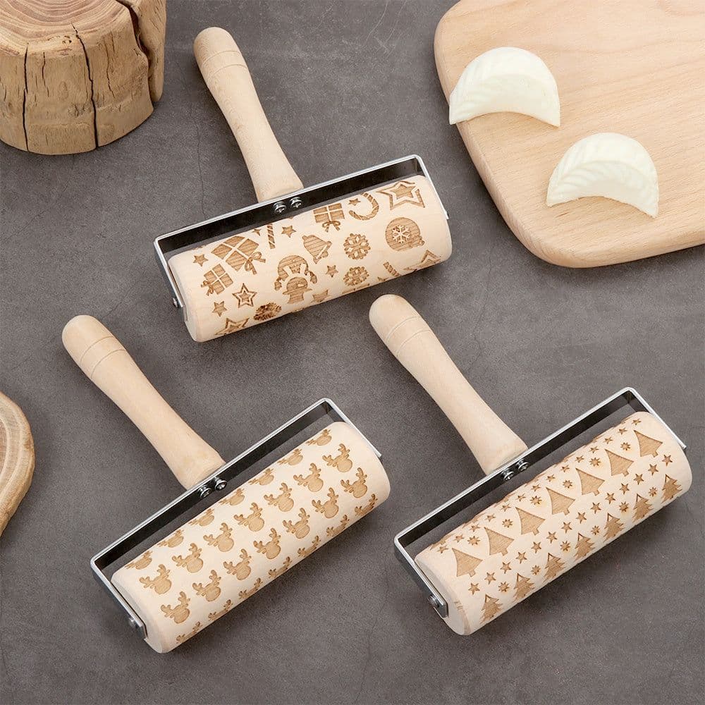 image-Push-Style Christmas Embossing Rolling Pin Printed Cookie Dough Stick Fondant Tool Baking Noodle Cake Dough Engraved Roller Q40