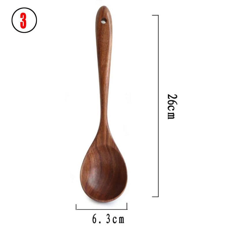 image-Thailand Teak Natural Wood Tableware Spoon Ladle Turner Long Rice Colander Soup Skimmer Cooking Spoons Scoop Kitchen Tool Set