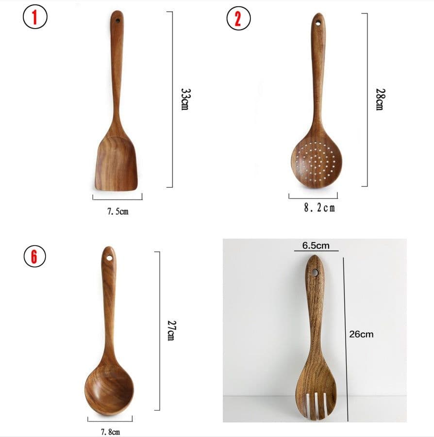 image-Thailand Teak Natural Wood Tableware Spoon Ladle Turner Long Rice Colander Soup Skimmer Cooking Spoons Scoop Kitchen Tool Set