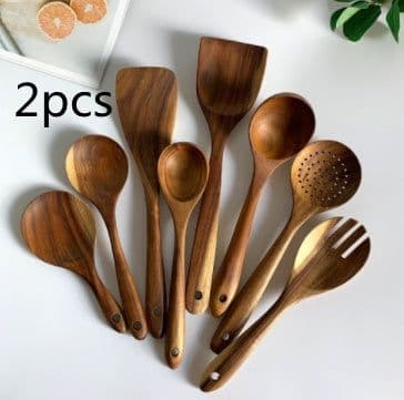 image-Thailand Teak Natural Wood Tableware Spoon Ladle Turner Long Rice Colander Soup Skimmer Cooking Spoons Scoop Kitchen Tool Set
