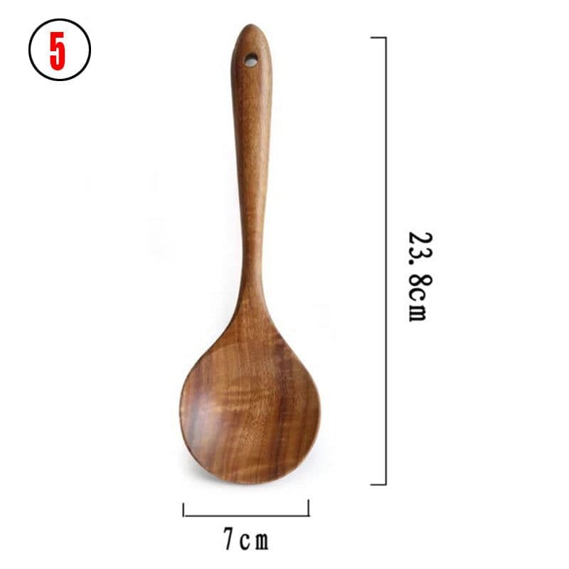 image-Thailand Teak Natural Wood Tableware Spoon Ladle Turner Long Rice Colander Soup Skimmer Cooking Spoons Scoop Kitchen Tool Set