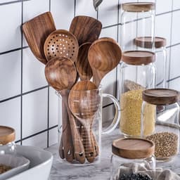 image-Thailand Teak Natural Wood Tableware Spoon Ladle Turner Long Rice Colander Soup Skimmer Cooking Spoons Scoop Kitchen Tool Set