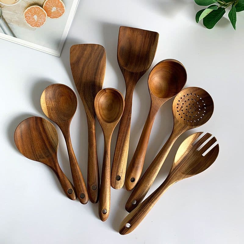 image-Thailand Teak Natural Wood Tableware Spoon Ladle Turner Long Rice Colander Soup Skimmer Cooking Spoons Scoop Kitchen Tool Set
