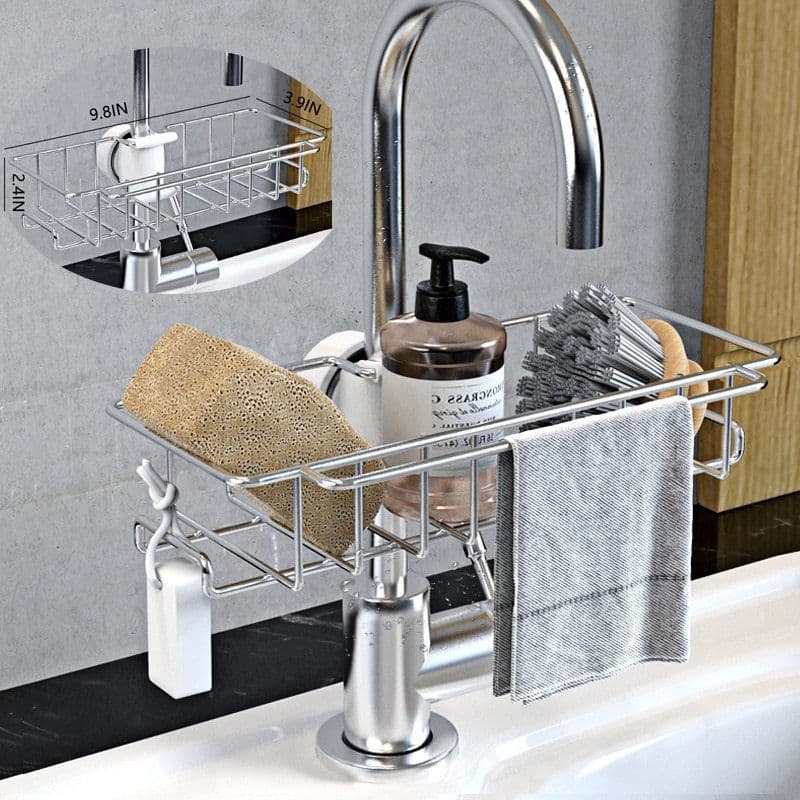 image-Stainless Steel Sink Storage Rack Kitchen Bathroom Adjustable Faucet Soap Dish Drainer Shelf Kitchen Organizer