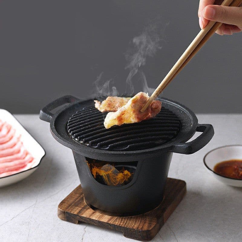 image-Mini BBQ Grill Alcohol Stove Home Smokeless Barbecue Grill Outdoor BBQ Plate Roasting Meat Tools