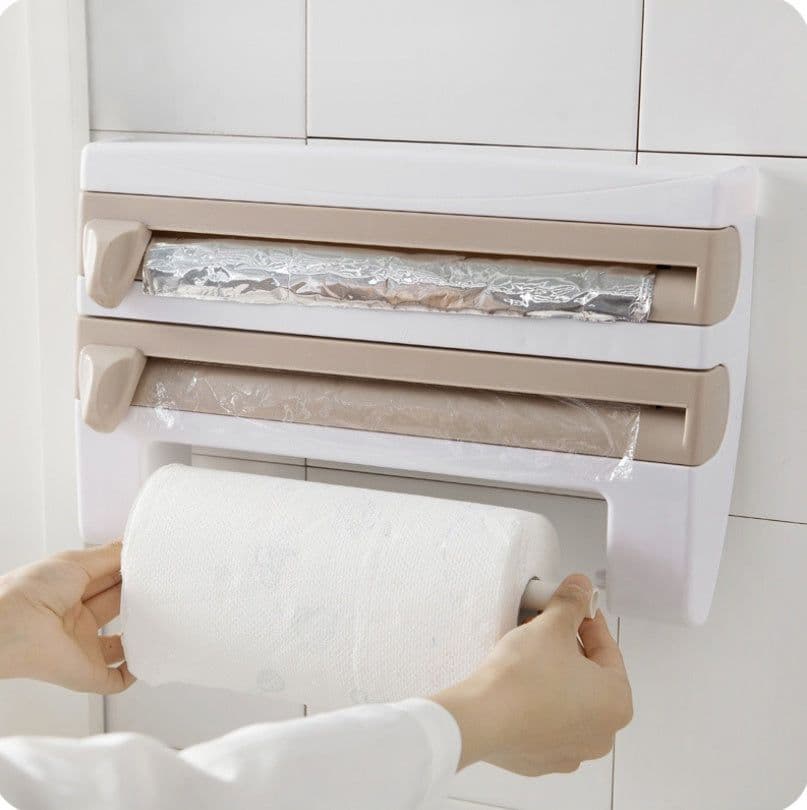 image-Multifunction Wall-Mount Cling Film Storage Wrap Cutter Rack Paper Holder for Kitchen