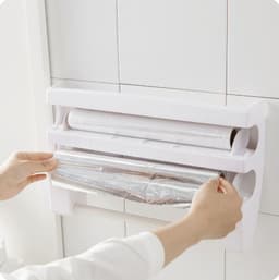 image-Multifunction Wall-Mount Cling Film Storage Wrap Cutter Rack Paper Holder for Kitchen