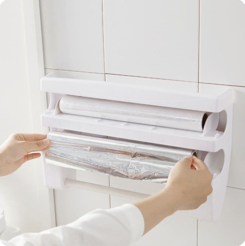 image-Multifunction Wall-Mount Cling Film Storage Wrap Cutter Rack Paper Holder for Kitchen