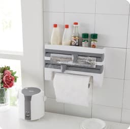 image-Multifunction Wall-Mount Cling Film Storage Wrap Cutter Rack Paper Holder for Kitchen
