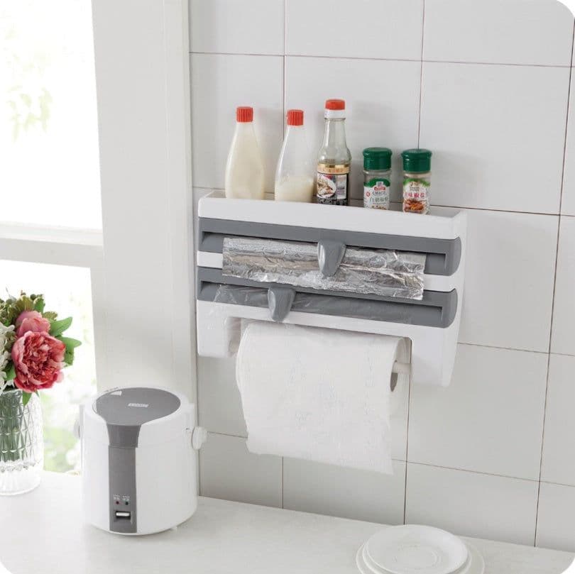 image-Multifunction Wall-Mount Cling Film Storage Wrap Cutter Rack Paper Holder for Kitchen