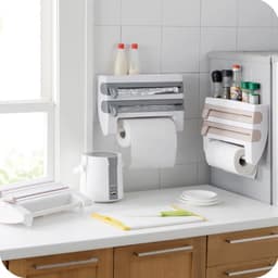 image-Multifunction Wall-Mount Cling Film Storage Wrap Cutter Rack Paper Holder for Kitchen