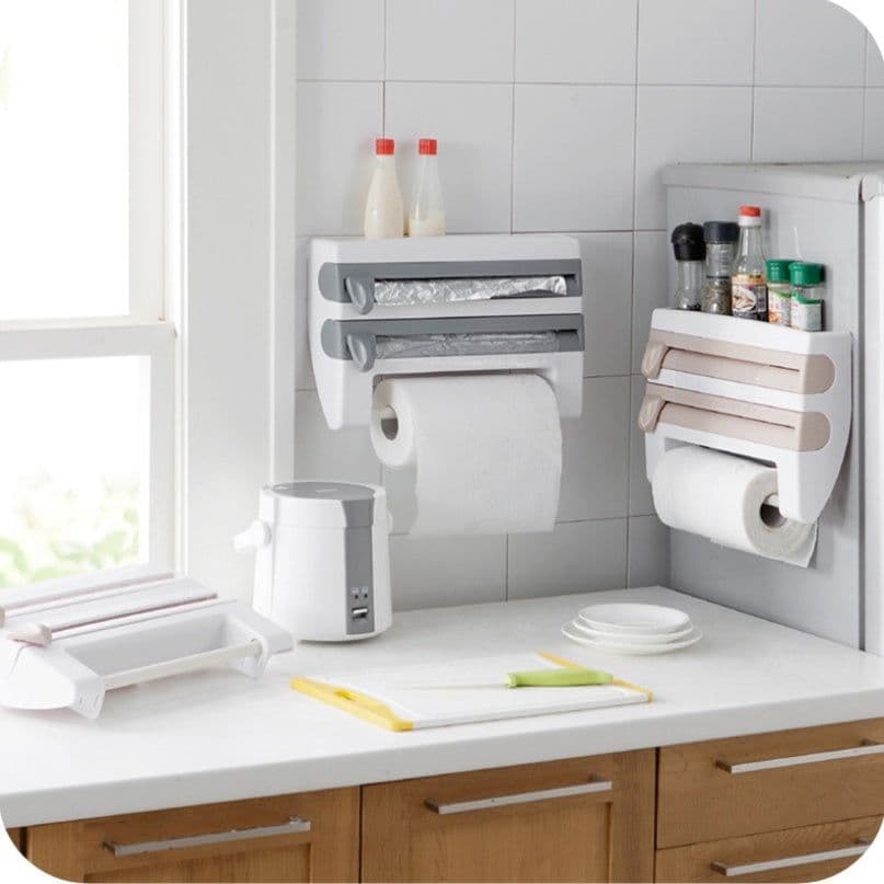image-Multifunction Wall-Mount Cling Film Storage Wrap Cutter Rack Paper Holder for Kitchen