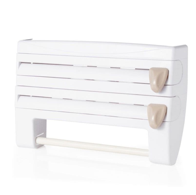 image-Multifunction Wall-Mount Cling Film Storage Wrap Cutter Rack Paper Holder for Kitchen