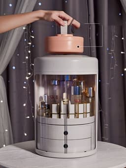 image-Dressing Table Transparent ABS Dressing Case Double Door Round Cosmetic Box Rotating Jewelry Cosmetic Case With Drawer