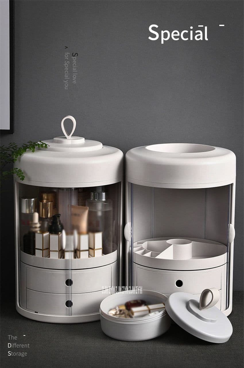 image-Dressing Table Transparent ABS Dressing Case Double Door Round Cosmetic Box Rotating Jewelry Cosmetic Case With Drawer