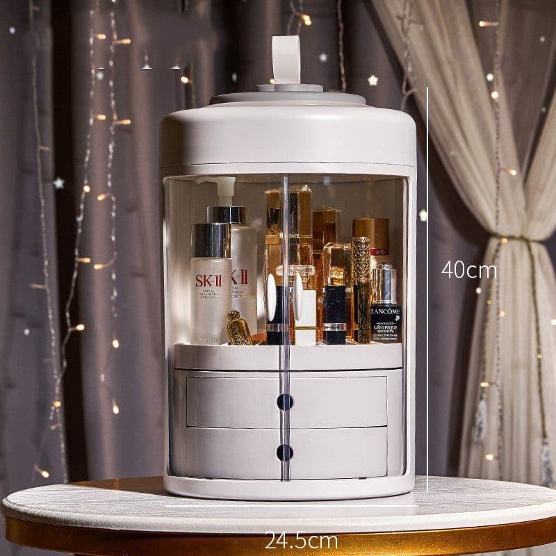 image-Dressing Table Transparent ABS Dressing Case Double Door Round Cosmetic Box Rotating Jewelry Cosmetic Case With Drawer