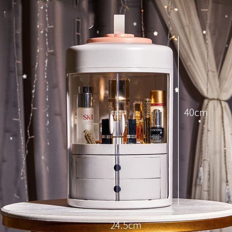 image-Dressing Table Transparent ABS Dressing Case Double Door Round Cosmetic Box Rotating Jewelry Cosmetic Case With Drawer