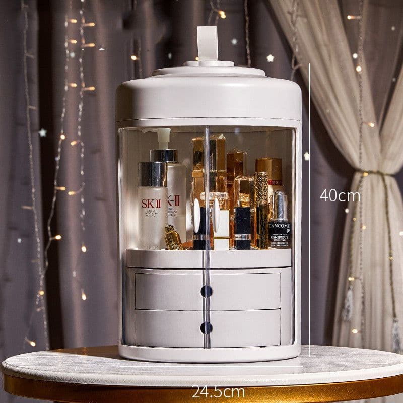 image-Dressing Table Transparent ABS Dressing Case Double Door Round Cosmetic Box Rotating Jewelry Cosmetic Case With Drawer