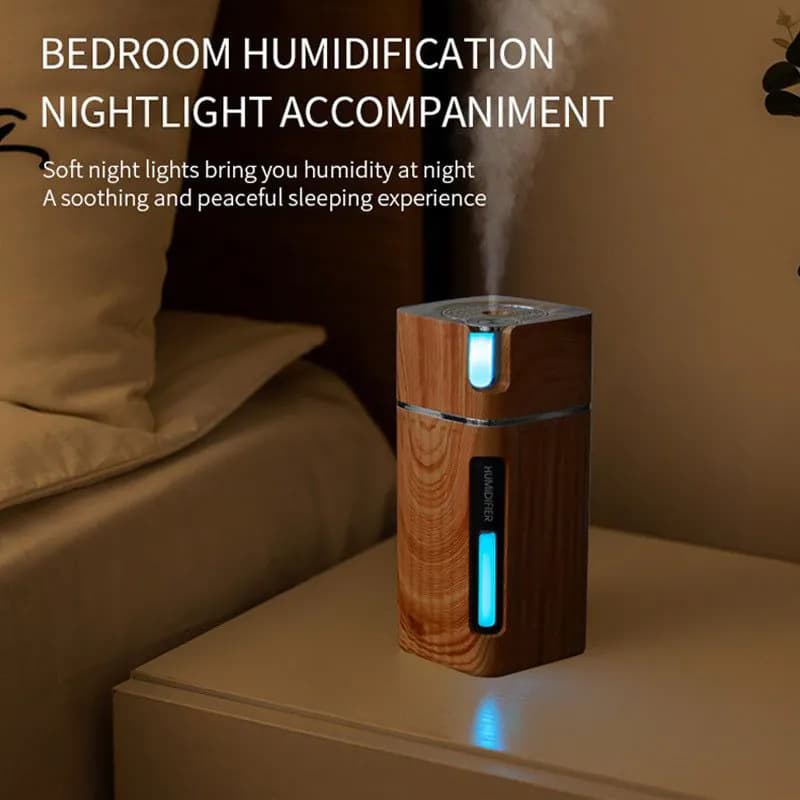 image-Electric Humidifier Aroma Oil Diffuser Essential Ultrasonic Wood Grain Air Humidifier USB Mini Mist Maker LED Light