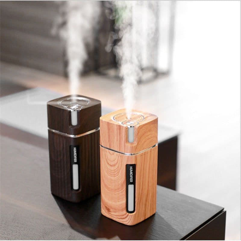 image-Electric Humidifier Aroma Oil Diffuser Essential Ultrasonic Wood Grain Air Humidifier USB Mini Mist Maker LED Light