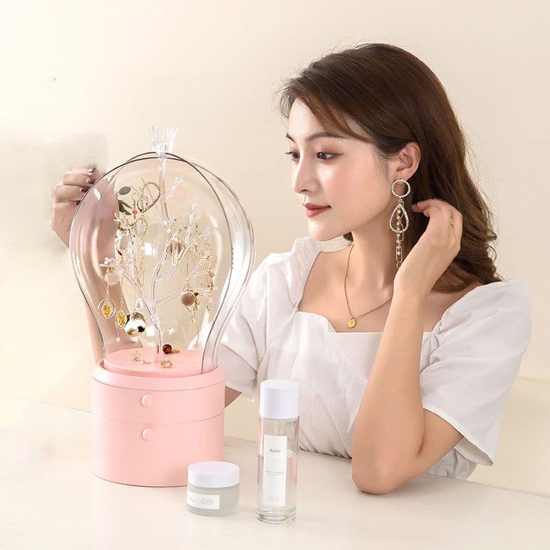 image-LED Light Jewelry Storage Box Makeup Organizer USB Charge Case Desktop Dust Proof Drawer Earrings Necklace Display Holder