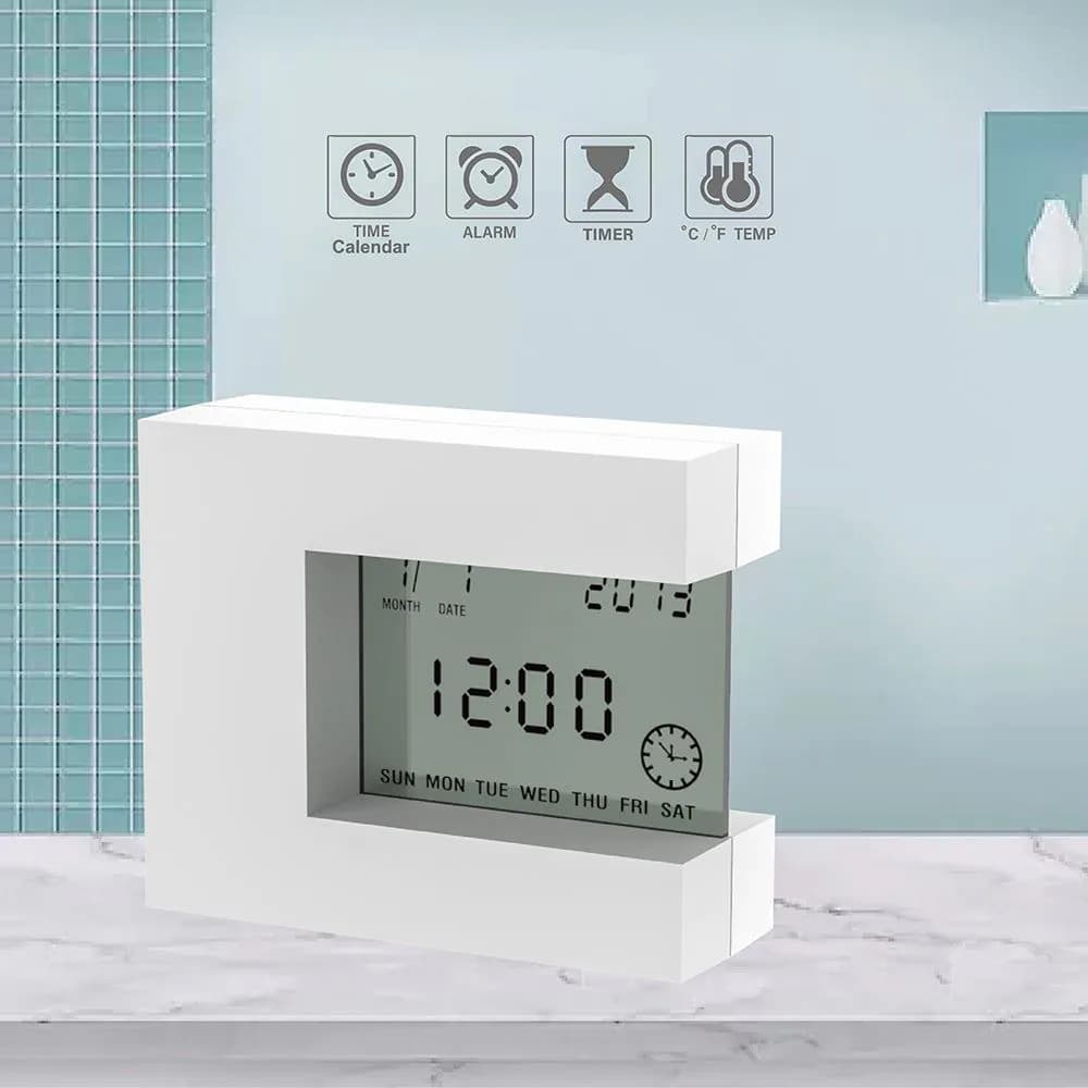 image-Electronic Square LCD Calendar Alarm Clock Digital Desk Watch White with Home Thermometer Count Down Timer Battery Operated