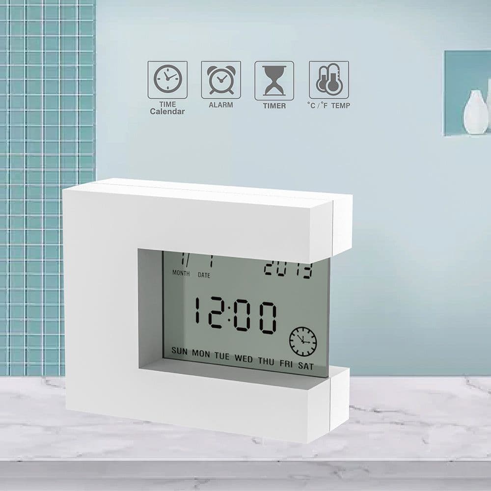 image-Electronic Square LCD Calendar Alarm Clock Digital Desk Watch White with Home Thermometer Count Down Timer Battery Operated