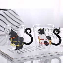image-Kitchen Home Cute Cat Glass Juice Coffee Cup Milk Tea Coffee Glass Mug Cat Tail Handle Cat Valentine's Day Lover Gifts Stainless Spoon