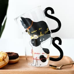 image-Kitchen Home Cute Cat Glass Juice Coffee Cup Milk Tea Coffee Glass Mug Cat Tail Handle Cat Valentine's Day Lover Gifts Stainless Spoon