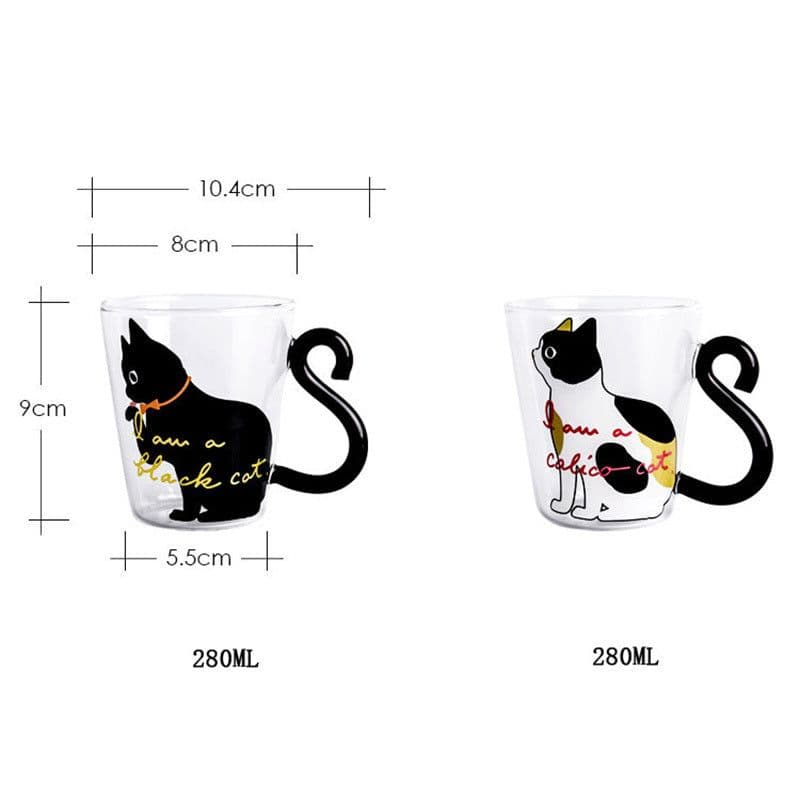 image-Kitchen Home Cute Cat Glass Juice Coffee Cup Milk Tea Coffee Glass Mug Cat Tail Handle Cat Valentine's Day Lover Gifts Stainless Spoon