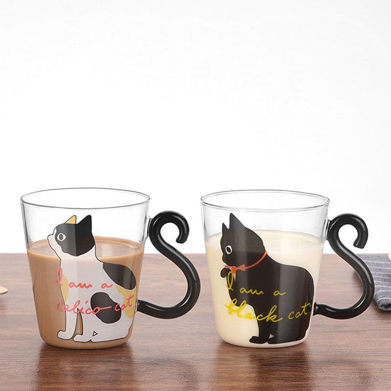 image-Kitchen Home Cute Cat Glass Juice Coffee Cup Milk Tea Coffee Glass Mug Cat Tail Handle Cat Valentine's Day Lover Gifts Stainless Spoon