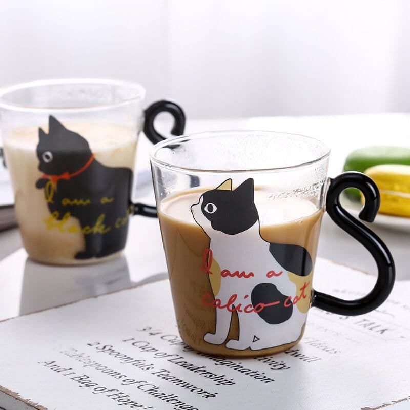 image-Kitchen Home Cute Cat Glass Juice Coffee Cup Milk Tea Coffee Glass Mug Cat Tail Handle Cat Valentine's Day Lover Gifts Stainless Spoon