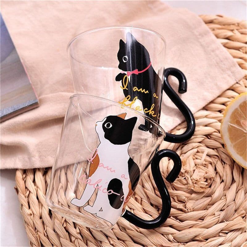image-Kitchen Home Cute Cat Glass Juice Coffee Cup Milk Tea Coffee Glass Mug Cat Tail Handle Cat Valentine's Day Lover Gifts Stainless Spoon