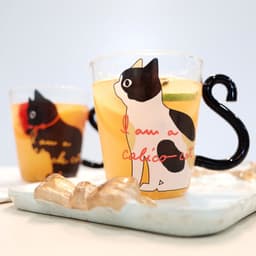 image-Kitchen Home Cute Cat Glass Juice Coffee Cup Milk Tea Coffee Glass Mug Cat Tail Handle Cat Valentine's Day Lover Gifts Stainless Spoon
