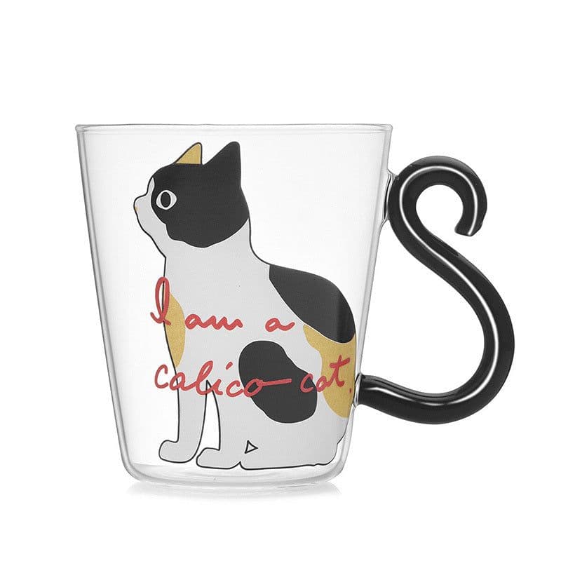 image-Kitchen Home Cute Cat Glass Juice Coffee Cup Milk Tea Coffee Glass Mug Cat Tail Handle Cat Valentine's Day Lover Gifts Stainless Spoon