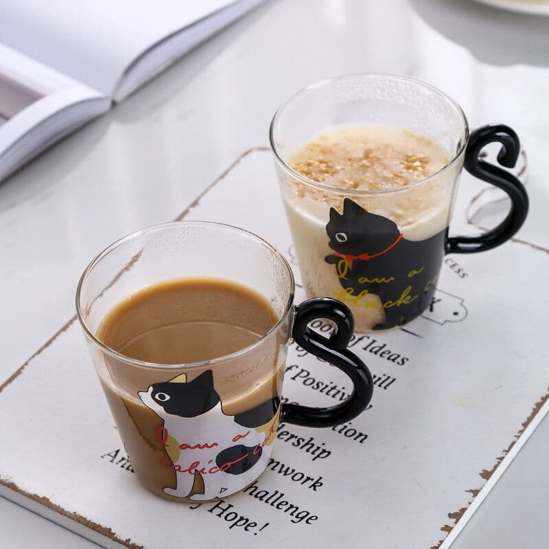 image-Kitchen Home Cute Cat Glass Juice Coffee Cup Milk Tea Coffee Glass Mug Cat Tail Handle Cat Valentine's Day Lover Gifts Stainless Spoon