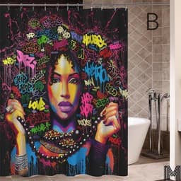 image-Art Design Graffiti Art Hip Hop African Girl with Black Hair Big Earring with Modern Building Shower Curtain for Bathroom Decor