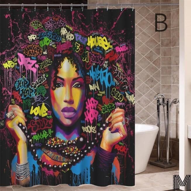 image-Art Design Graffiti Art Hip Hop African Girl with Black Hair Big Earring with Modern Building Shower Curtain for Bathroom Decor