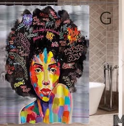 image-Art Design Graffiti Art Hip Hop African Girl with Black Hair Big Earring with Modern Building Shower Curtain for Bathroom Decor