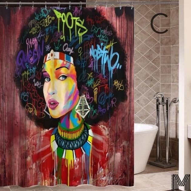 image-Art Design Graffiti Art Hip Hop African Girl with Black Hair Big Earring with Modern Building Shower Curtain for Bathroom Decor