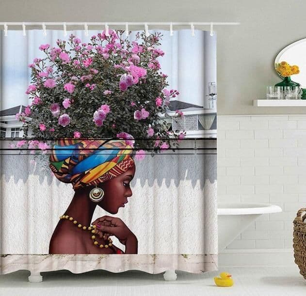 image-Art Design Graffiti Art Hip Hop African Girl with Black Hair Big Earring with Modern Building Shower Curtain for Bathroom Decor