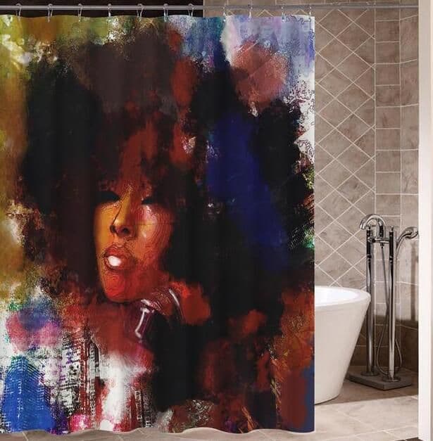 image-Art Design Graffiti Art Hip Hop African Girl with Black Hair Big Earring with Modern Building Shower Curtain for Bathroom Decor