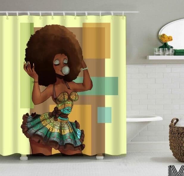image-Art Design Graffiti Art Hip Hop African Girl with Black Hair Big Earring with Modern Building Shower Curtain for Bathroom Decor