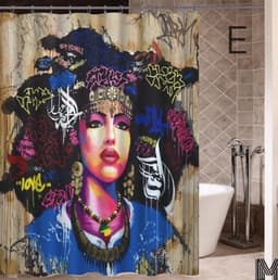 image-Art Design Graffiti Art Hip Hop African Girl with Black Hair Big Earring with Modern Building Shower Curtain for Bathroom Decor