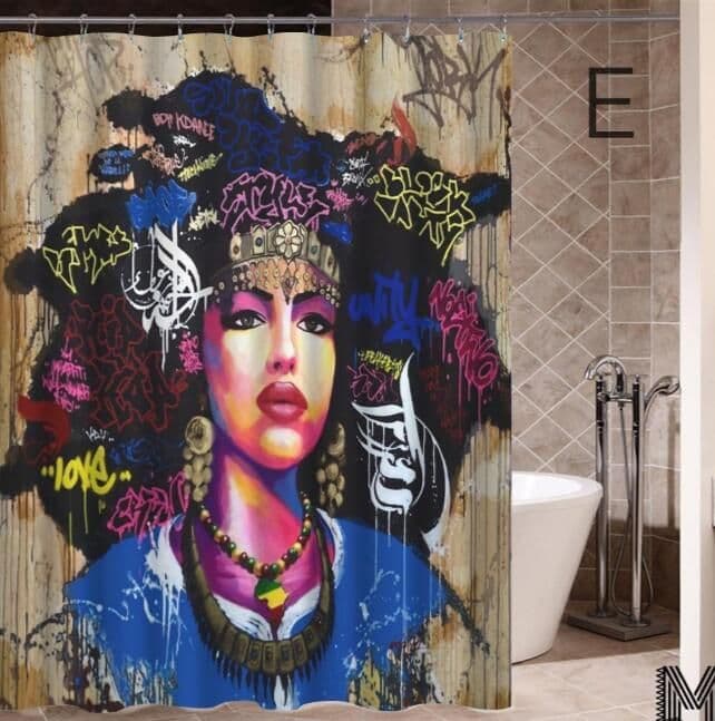 image-Art Design Graffiti Art Hip Hop African Girl with Black Hair Big Earring with Modern Building Shower Curtain for Bathroom Decor