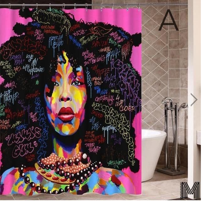 image-Art Design Graffiti Art Hip Hop African Girl with Black Hair Big Earring with Modern Building Shower Curtain for Bathroom Decor