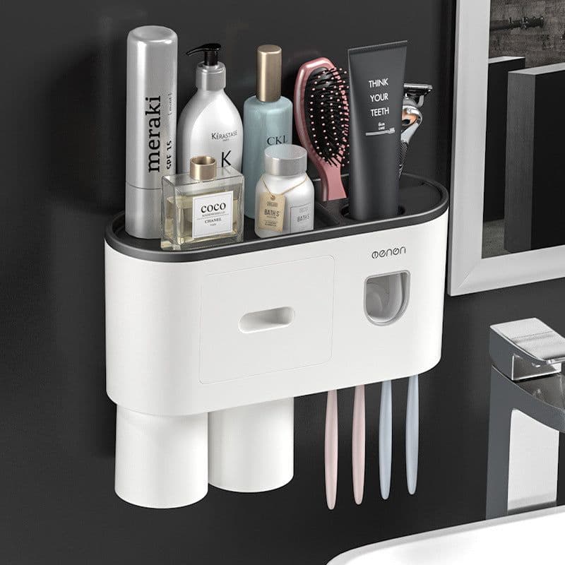 image-Non-marking Hanging Magnetic Toothbrush Holder Single Drawer Storage Rack With Toothpaste Squeezer Toiletry Set