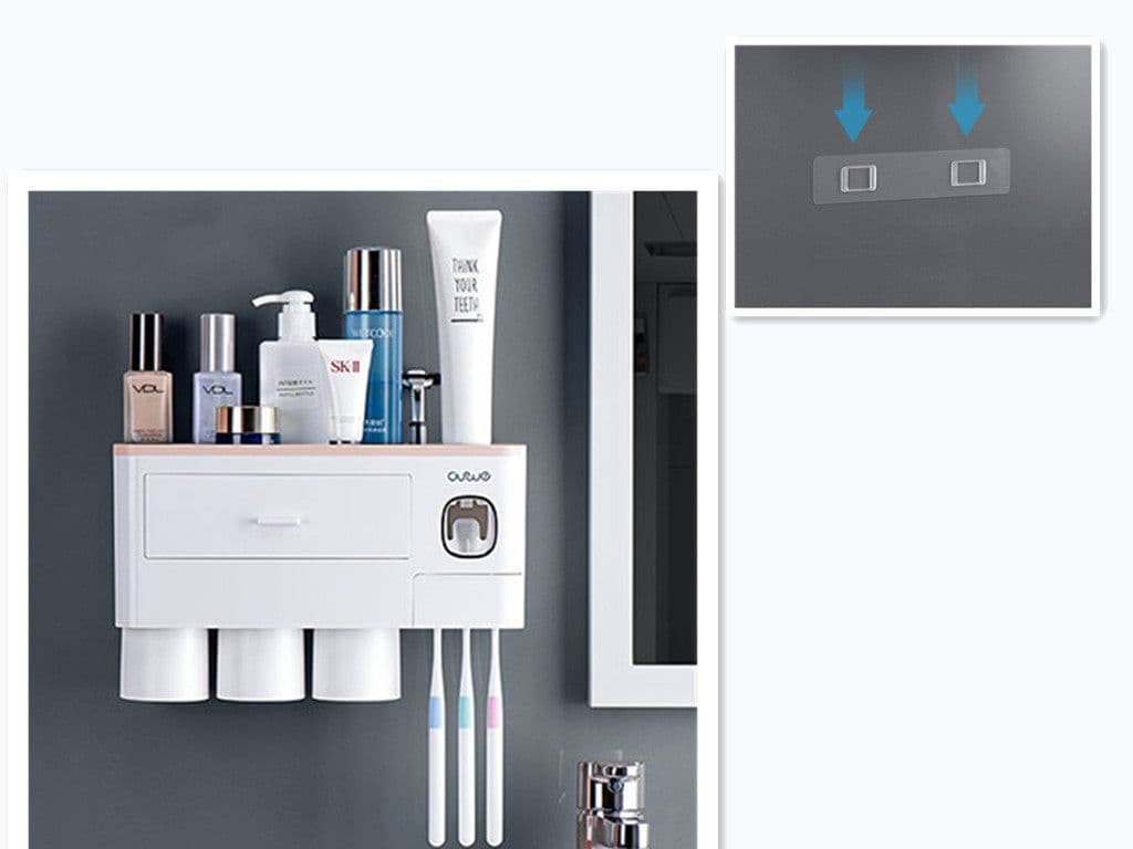 image-Non-marking Hanging Magnetic Toothbrush Holder Single Drawer Storage Rack With Toothpaste Squeezer Toiletry Set