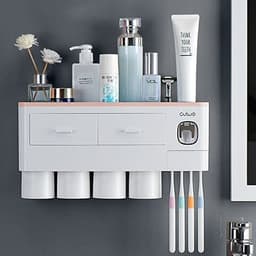 image-Non-marking Hanging Magnetic Toothbrush Holder Single Drawer Storage Rack With Toothpaste Squeezer Toiletry Set