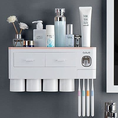 image-Non-marking Hanging Magnetic Toothbrush Holder Single Drawer Storage Rack With Toothpaste Squeezer Toiletry Set